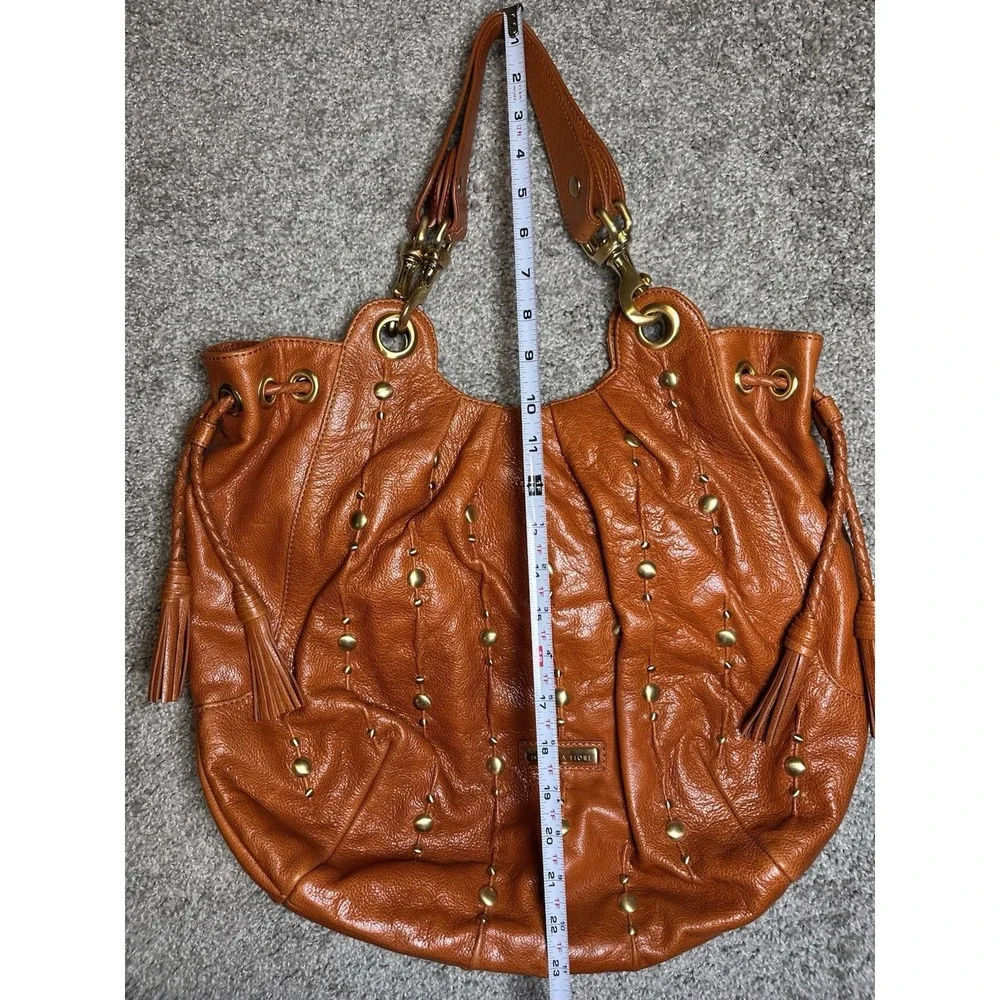 Isabella Fiore Cognac Studded Slouch Hobo Shoulder Bag Tassel Boho Y2K Large